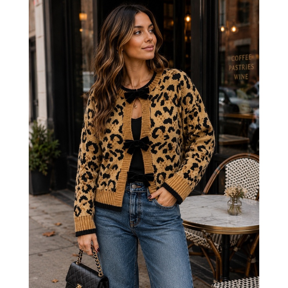 Chic Leopard Velvet Bow Cardigan Coquette Sweater Mob Wife Fall Posh Sz L